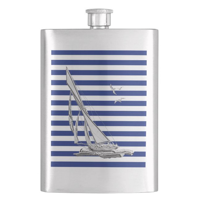 Chrome Sail Boat on Navy Stripes Print Hip Flask (Front)