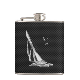 Chrome Sailboat on Carbon Fibre Print Hip Flask