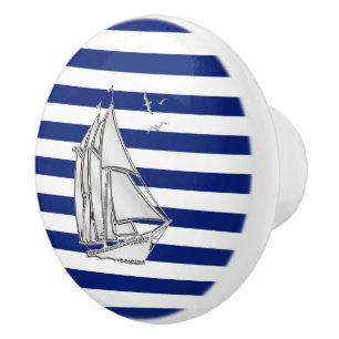 Chrome Sailboat on Nautical Navy Stripes Print Ceramic Knob