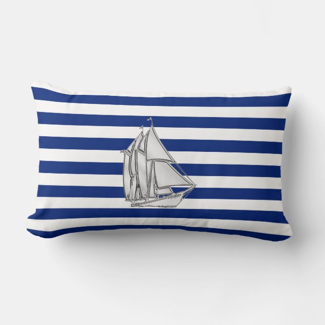 Chrome Sailboat on Nautical Stripes Lumbar Cushion (Front)