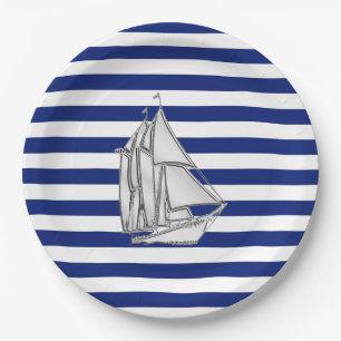 Chrome Sailboat on Nautical Stripes Paper Plate