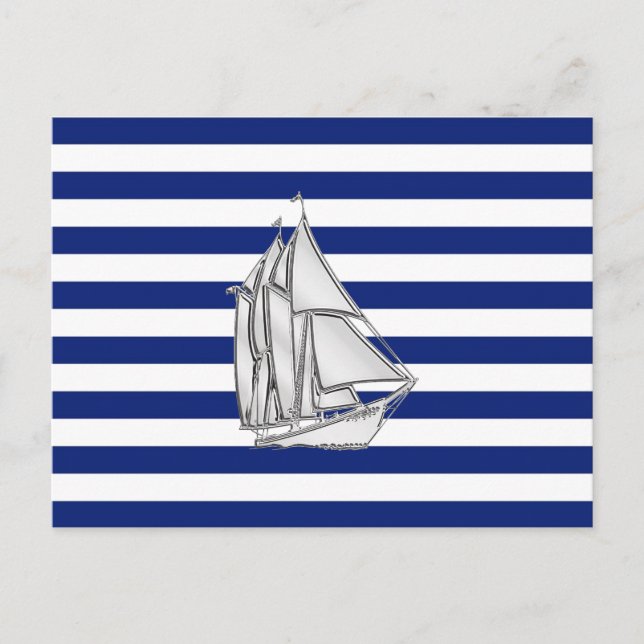 Chrome Sailboat on Nautical Stripes Postcard (Front)