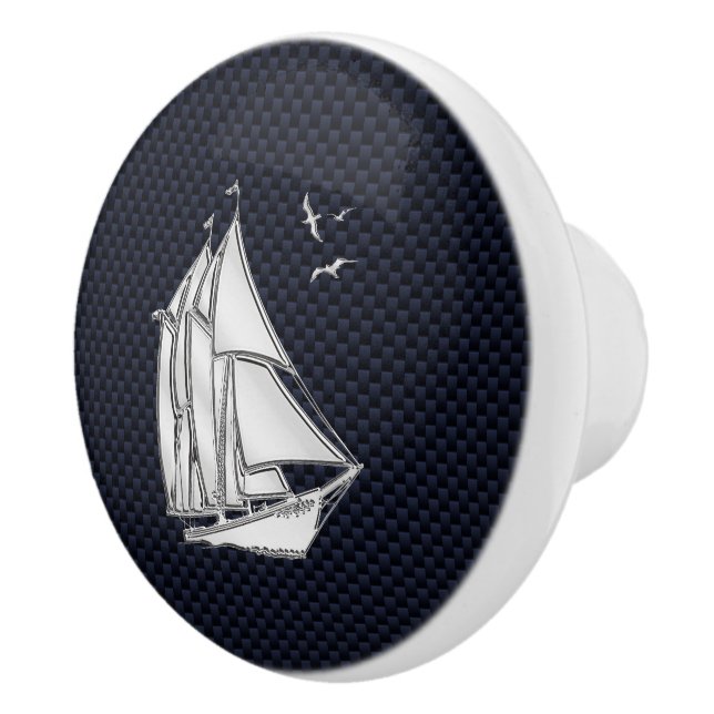 Chrome Sailboat on Navy Carbon Fibre Print Ceramic Knob (Right)