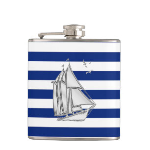 Chrome Sailboat on Navy Stripes Hip Flask
