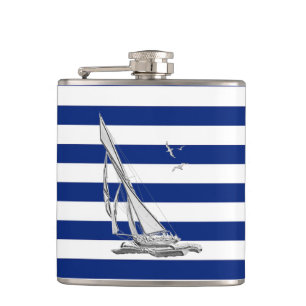 Chrome Sailboat on Navy Stripes Hip Flask