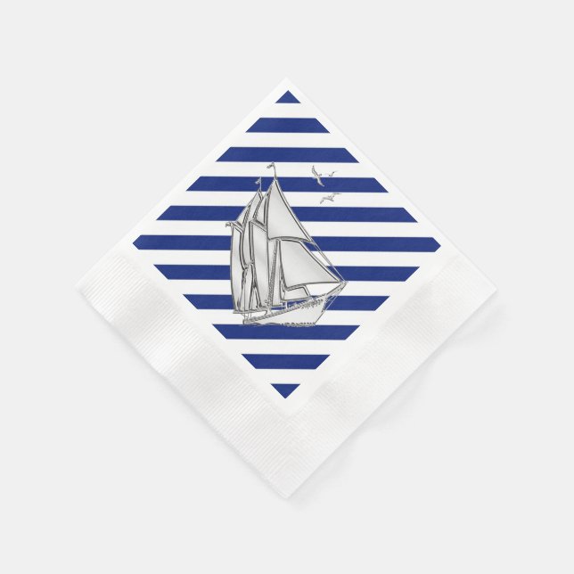 Chrome Sailboat on Navy Stripes Print Napkin (Corner)