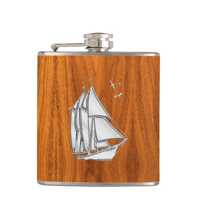 Chrome Sailboat on Teak Print Hip Flask (Front)