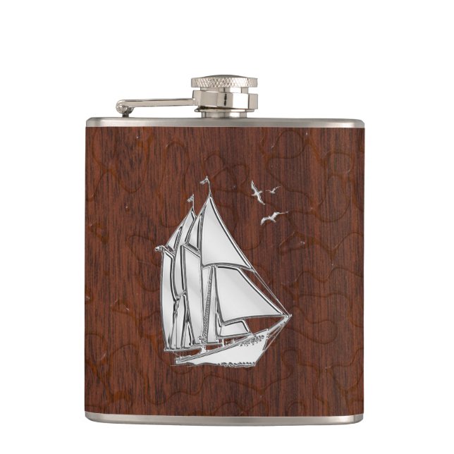 Chrome Sailboat on Wet Mahogany Print Hip Flask (Front)
