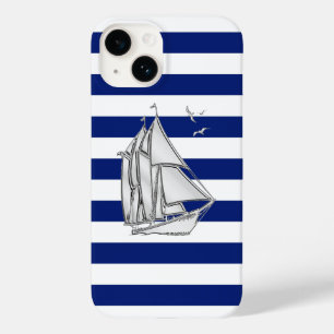 Chrome Sailboat Print on Navy Stripes Case-Mate iPhone 14 Case