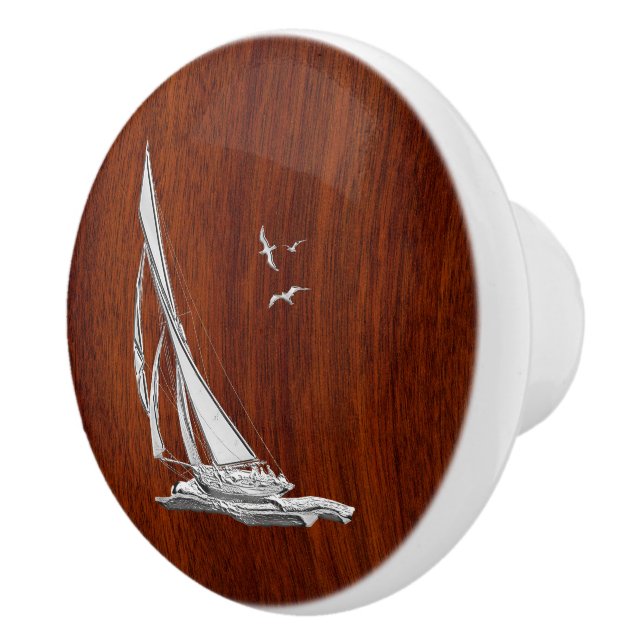 Chrome Sailing on Nautical Mahogany Grain Print Ceramic Knob (Right)