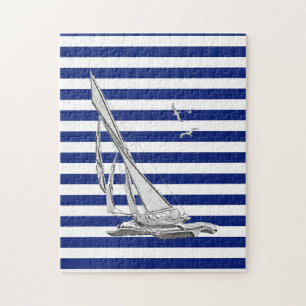 Chrome Sailing on Nautical Stripes Jigsaw Puzzle