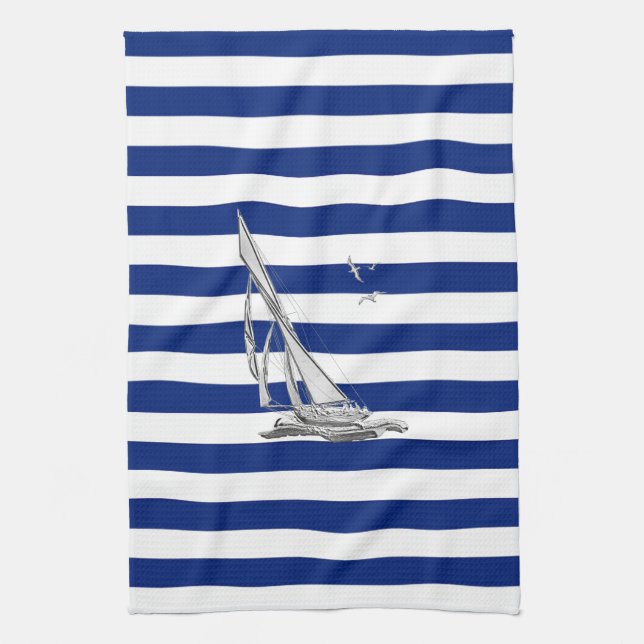 Chrome Sailing on Nautical Stripes Tea Towel (Vertical)