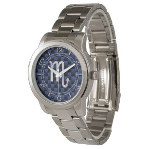 Chrome Scorpio Zodiac Sign on Blue Carbon Dial Watch
