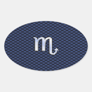 Chrome Scorpio Zodiac Sign on Blue Carbon Fibre Oval Sticker