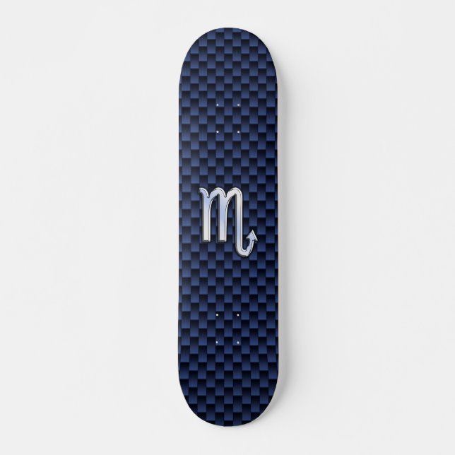 Chrome Scorpio Zodiac Sign on Blue Carbon Fibre Skateboard (Front)