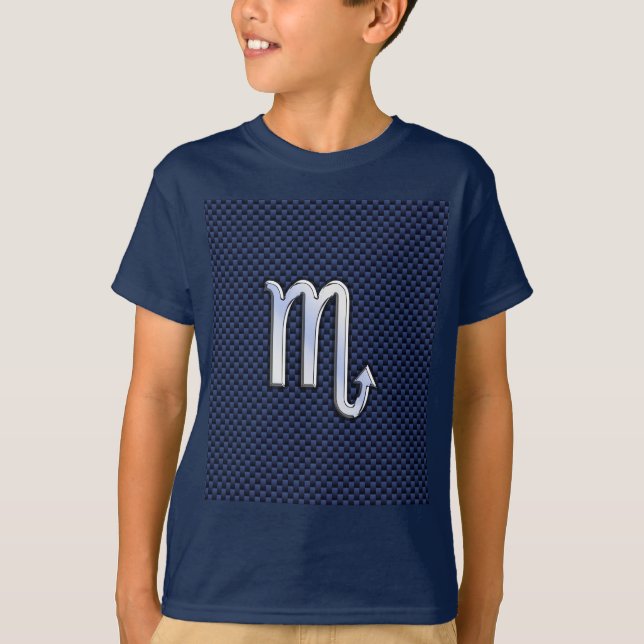 Chrome Scorpio Zodiac Sign on Blue Carbon Fibre T-Shirt (Front)