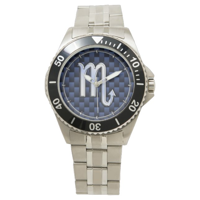 Chrome Scorpio Zodiac Sign on Blue Carbon Fibre Watch (Front)
