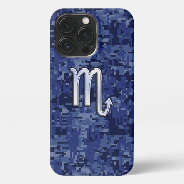 Chrome Scorpio Zodiac Sign on Navy Blue Camo iPhone Case (Back)