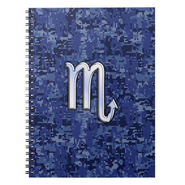 Chrome Scorpio Zodiac Sign on Navy Blue Camo Notebook (Front)