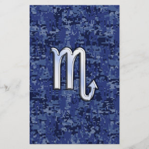 Chrome Scorpio Zodiac Sign on Navy Blue Camo Stationery