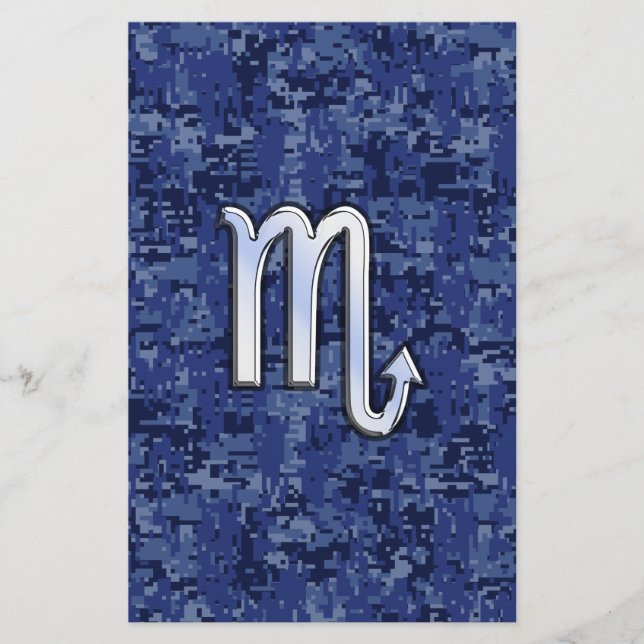 Chrome Scorpio Zodiac Sign on Navy Blue Camo Stationery (Front)
