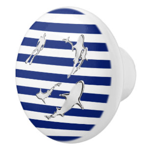 Chrome Sharks on Nautical Navy Blue Stripes Print Ceramic Knob