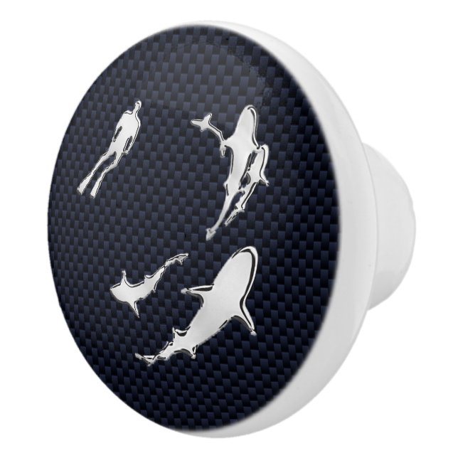 Chrome Sharks on Nautical Navy Carbon Fibre Print Ceramic Knob (Right)