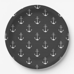 Chrome Silver Anchors on Carbon Fiber Pattern Paper Plate
