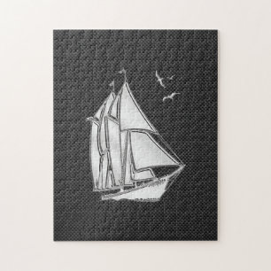 Chrome Silver Like Sailboat on Carbon Fibre Jigsaw Puzzle