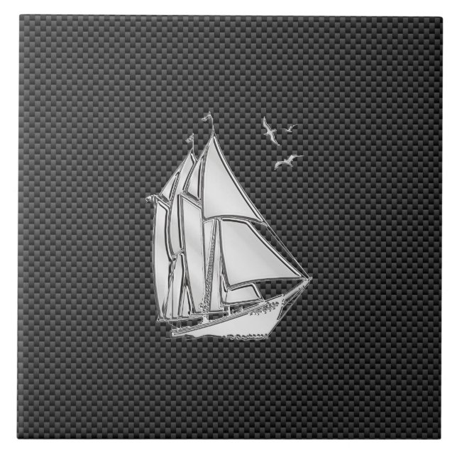 Chrome Silver Like Sailboat on Carbon Fibre Tile (Front)