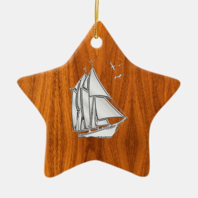 Chrome Silver like Sailboat on Teak Veneer Ceramic Tree Decoration (Front)