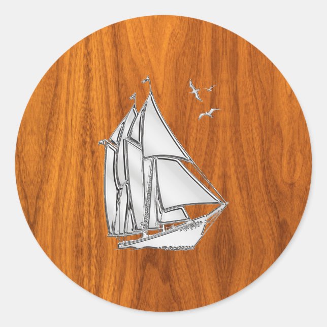 Chrome Silver like Sailboat on Teak Veneer Classic Round Sticker (Front)