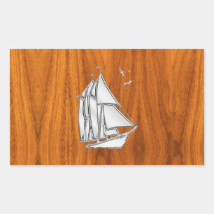 Chrome Silver like Sailboat on Teak Veneer Rectangular Sticker