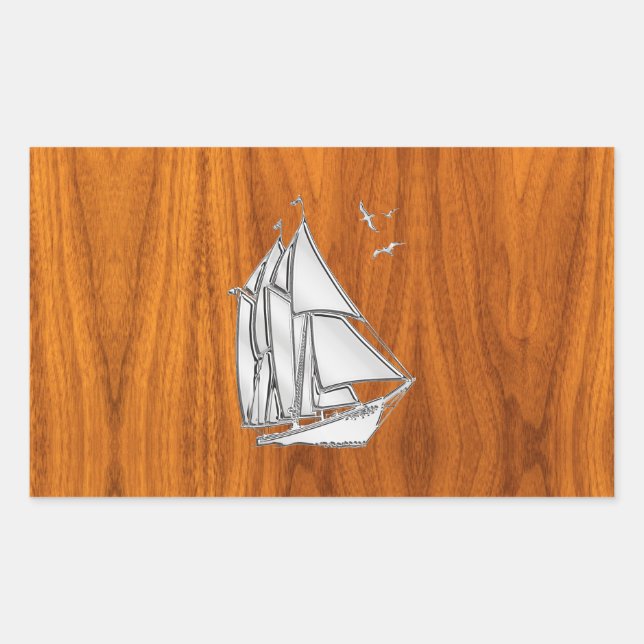 Chrome Silver like Sailboat on Teak Veneer Rectangular Sticker (Front)