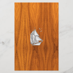 Chrome Silver like Sailboat on Teak Veneer Stationery