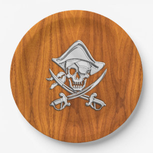 Chrome Silver Pirate on Teak Veneer Decor Paper Plate