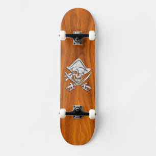 Chrome Silver Pirate on Teak Veneer Decor Skateboard