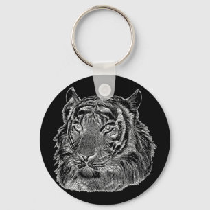 chrome silver tiger face animal nature jungle art key ring