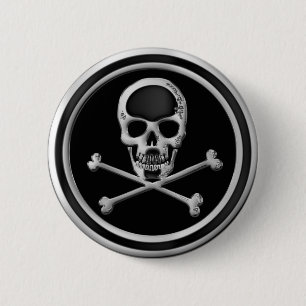 CHROME SKULL AND CROSSBONES 6 CM ROUND BADGE