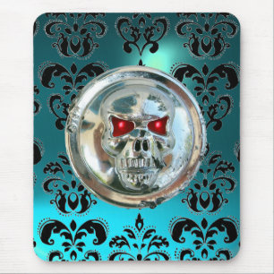 CHROME SKULL ,Damask, Blue Aquamarine Mouse Mat