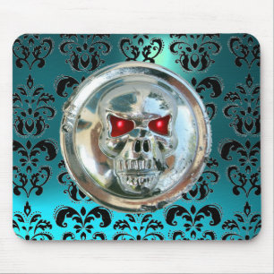 CHROME SKULL ,Damask, Blue Aquamarine Mouse Mat