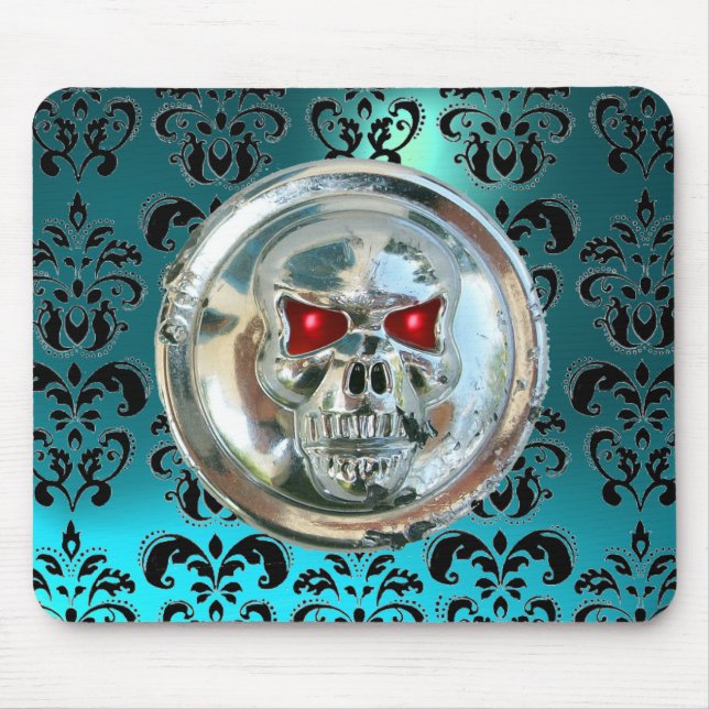 CHROME SKULL ,Damask, Blue Aquamarine Mouse Mat (Front)