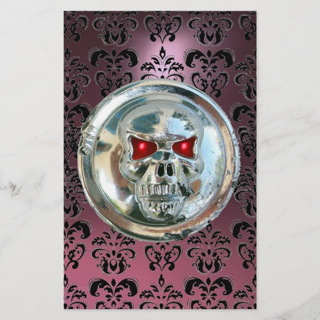 CHROME SKULL DAMASK Pink Purple Amethyst Stationery (Front)