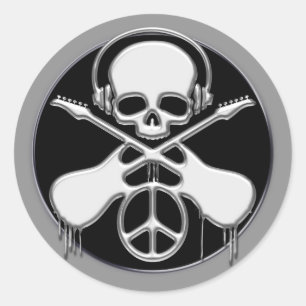 CHROME SKULL, GUITAR AND PEACE SIGN CLASSIC ROUND STICKER