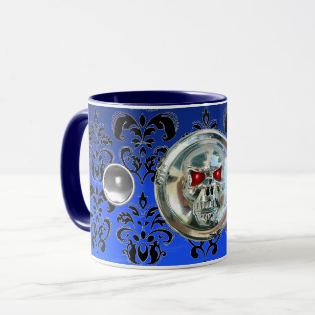 CHROME SKULL RIDERS  NIGHT BLUE BLACK DAMASK MUG (Front Left)