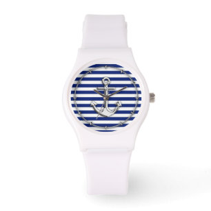 Chrome Style Anchor on Navy Stripes Decor Watch