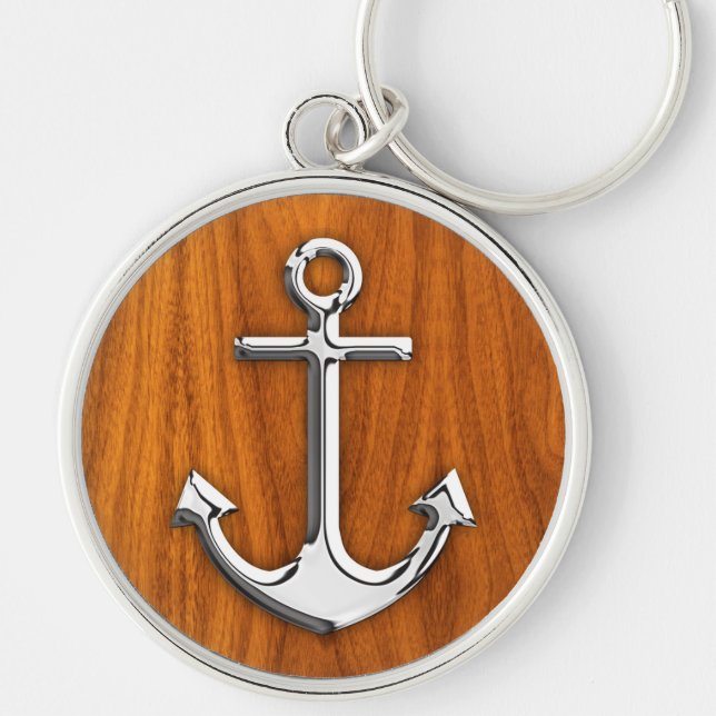 Chrome Style Anchor on Teak Veneer Key Ring (Front)