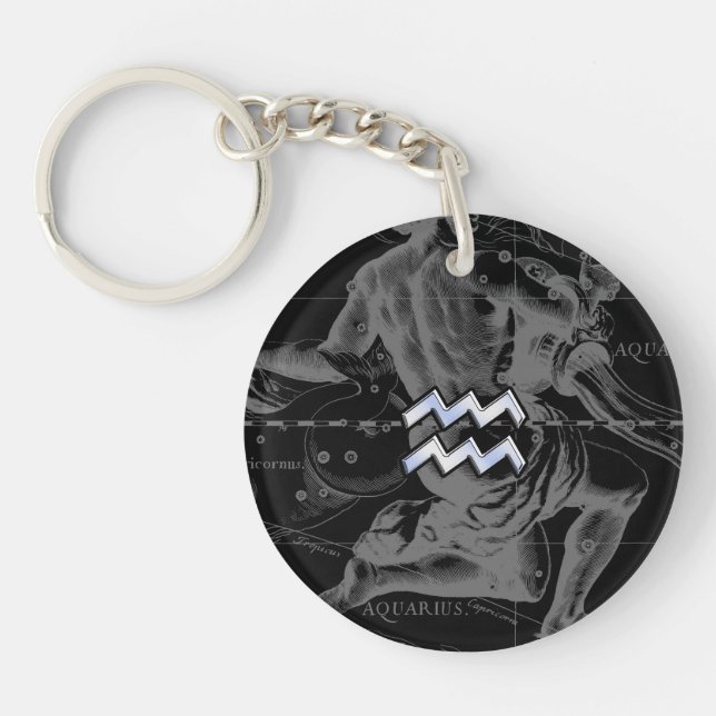 Chrome Style Aquarius Zodiac Symbol on Hevelius Key Ring (Front)