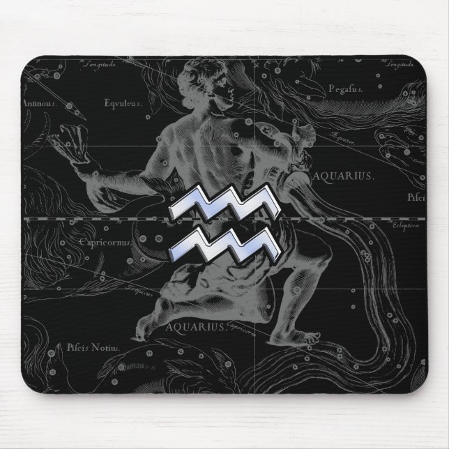 Chrome Style Aquarius Zodiac Symbol on Hevelius Mouse Mat (Front)