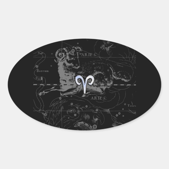 Chrome Style Aries Zodiac Sign on Hevelius Oval Sticker (Front)